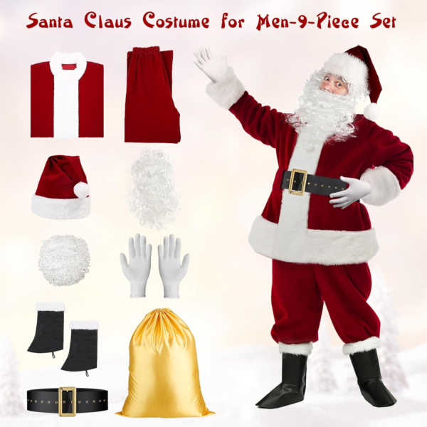 Deluxe Santa Claus Costume for Men-9-Piece Set,Velvet Santa Suit with Accessories - Christmas Party Santa Outfit for Adults