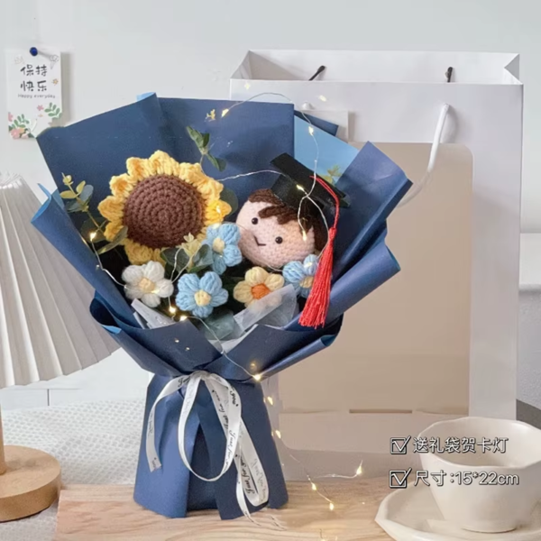 Finished Crochet Flowers Bouquet Handmade Sunflower Bouquet Valentines Gift Wedding Decor Knitted Flower Bouquet with Gift Bag