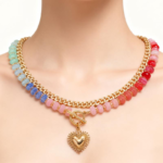 Dopamine Colorful Beaded Necklace Ethnic-Style Collarbone Chain with Stackable Heart Pendant for Stylish Looks and Versatile Jewelry